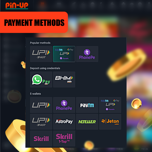 Various payment methods are available at Pin Up for the convenience of the users